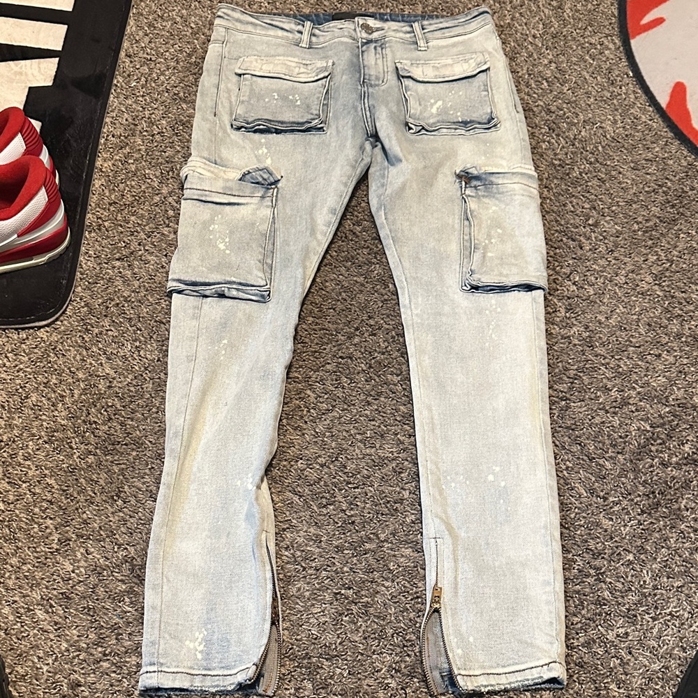 Men's Light Blue Skinny Jeans with Cargo Pockets